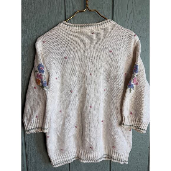 Vintage Floral Embroidered Knit Cardigan | Cottagecore | Pastel Flowers, LG - Picture 7 of 7